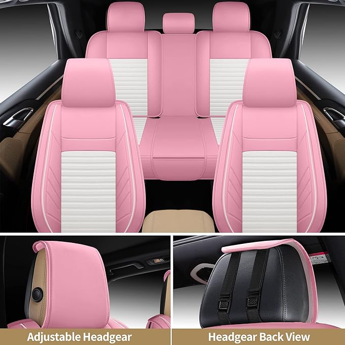 AOOG Pink Leather Car Seat Covers, Leatherette Automotive Seat Cover for Cars SUV Pick-up Truck, Universal Non-Slip Car Seat Cover Waterproof Protectors Interior Accessories, Full Set Pink
