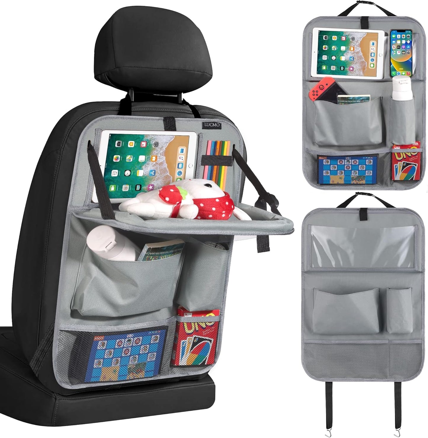 LUCMO Car Backseat Organizer with Tablet Holder,6 Storage Pockets Car Storage Organizer with Foldable Food Tray,Protectors Kick Mats Travel Accessories-Grey