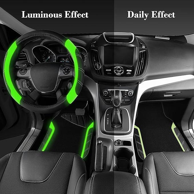 CAR PASS Leather Steering Wheel Cover and Waterproof Car Floor Mats,Microfiber Universal Car Combo Fit for 95% Sedan,SUV,Cars,14.5-15inch Sporty Anti-Slip Comfortable Design(Black＆Fluorescence Green)