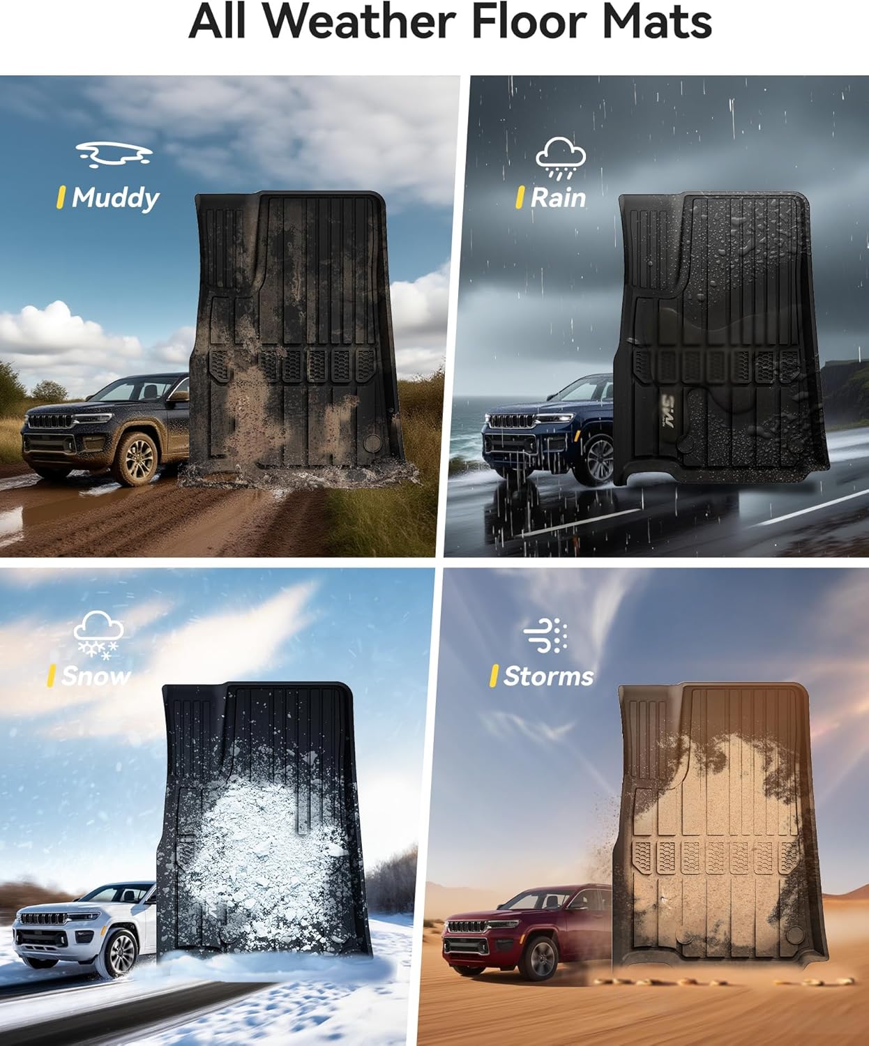 3W Floor Mats & Cargo Liner Fit for Jeep Grand Cherokee L 2021-2025 All Weather TPE Custom Fit Floor Liner for 1-3 Rows and Trunk (ONLY for 6-Passenger Without Center Console) Full Set Car Mats Black