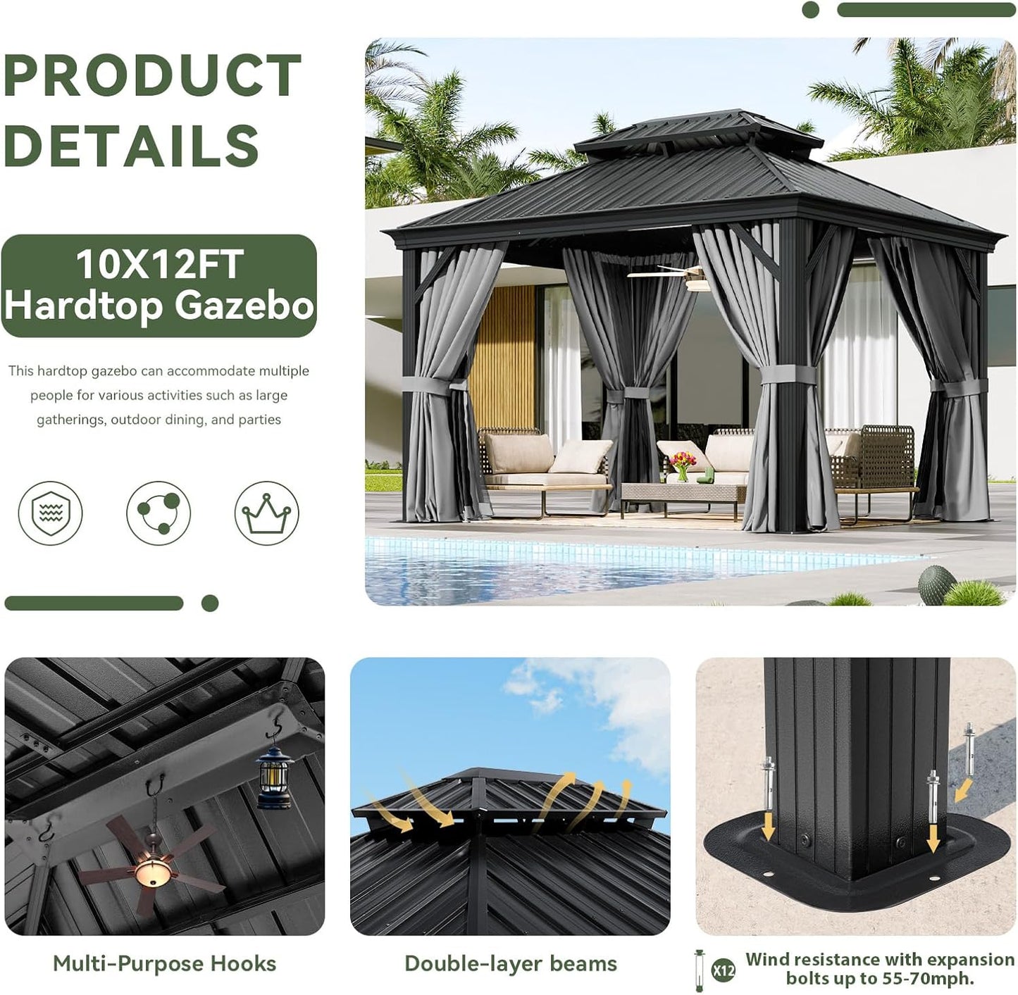 Aoxun 10' X 12' Hardtop Gazebo with Drainage System, Aluminum Outdoor Gazebo with Galvanized Steel Double Roof, Patio Permanent Metal Pavilion with Netting, for Garden, Deck, Easy Assemble