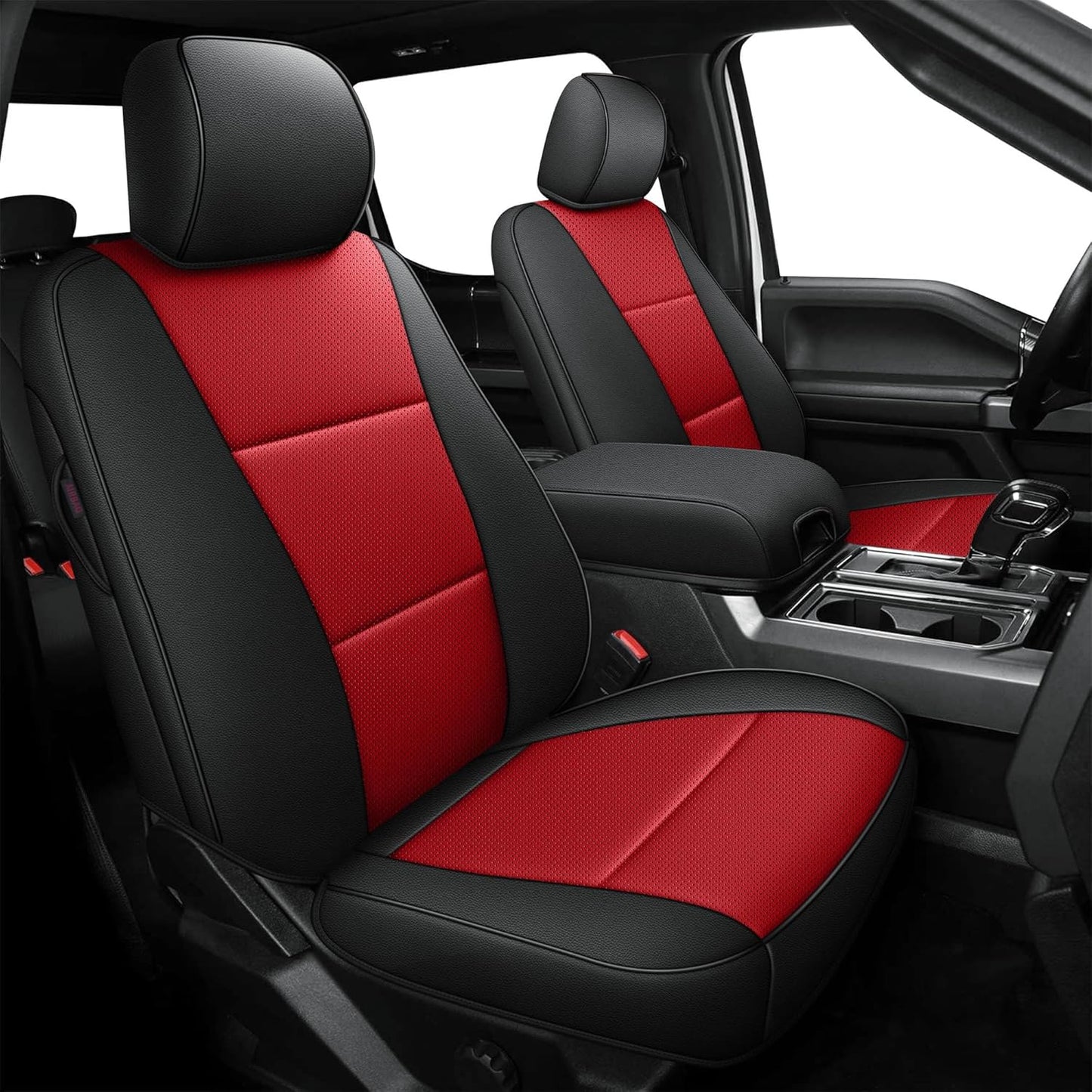AOMSAZTO Front Seat Covers for Ford F150 XL XLT: 2015-2024 SuperCrew & F250 F350 F450 2017-2024 Super Duty Crew Cab XL XLT Faux Leather Full Set Seat Cover (Black + Red, 2PCS Front)