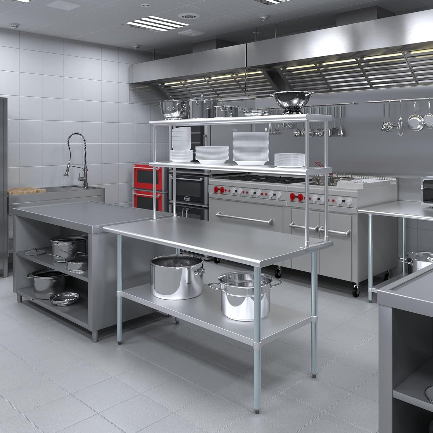 Amgood Stainless Steel Work Table Double Tier Overshelf | Metal Kitchen Prep Table & Shelving Combo (30" x 60" Work Table + 12" Overshelf)