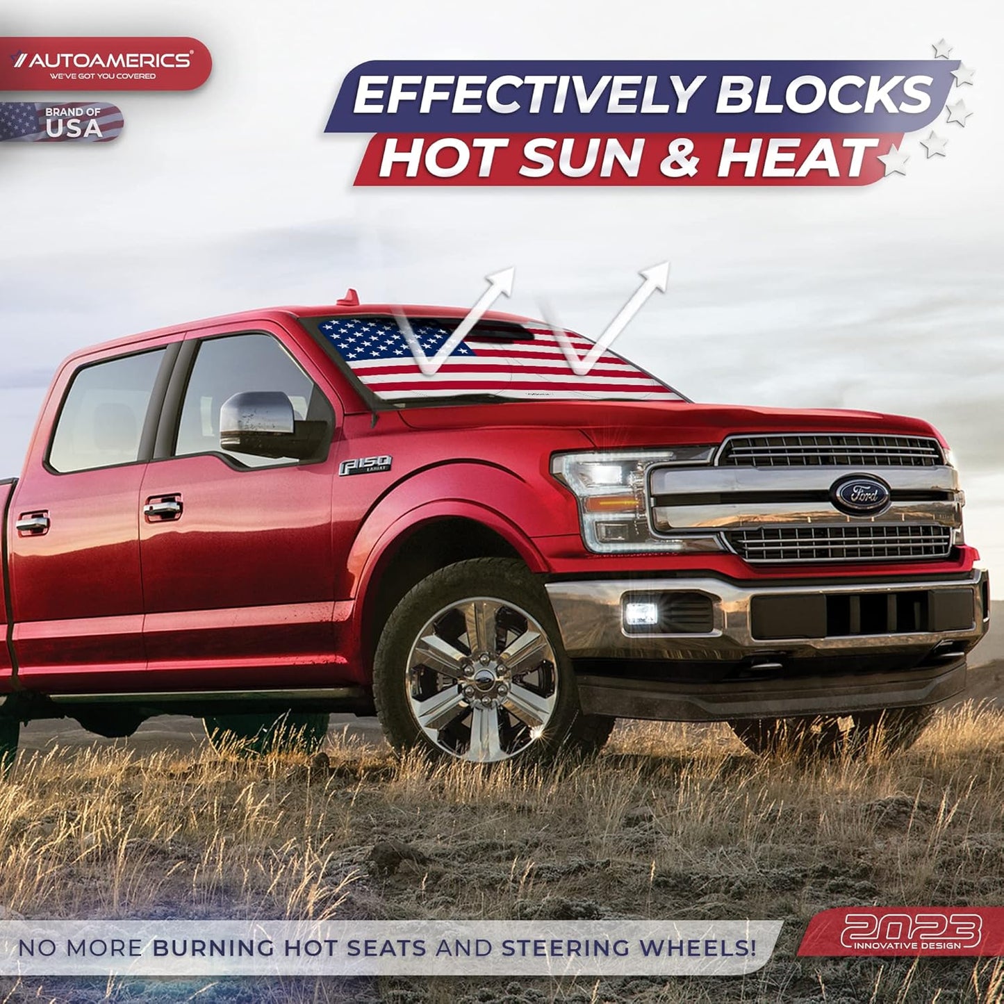 Autoamerics Truck Windshield Sun Shade with Storage Pouch & Anti-Slip Dash Pad - Foldable Original USA Flag Design - Fits Most SUVs & Trucks - Blocks UV Rays, Keeps Vehicle Cool | X-Large (66 x 36 in)