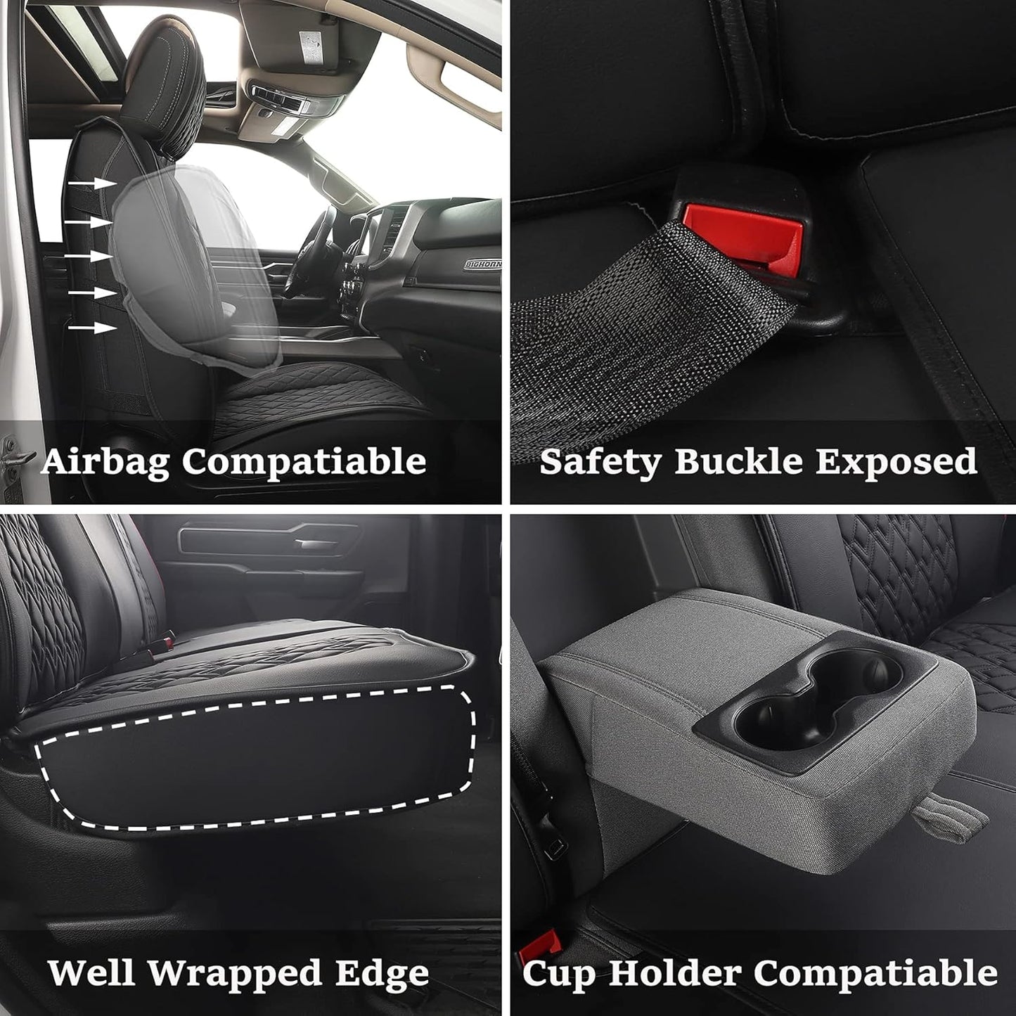 JOJOBAY Car Seat Covers for Dodge Ram Full Set,Fit Ram 2009-2023 1500/2500/3500 Pick-up Truck,Crew,Regular,Quad,Mega Cab,Waterproof Leather Seat Covers Protectors（5 PCS Full Set,Black）