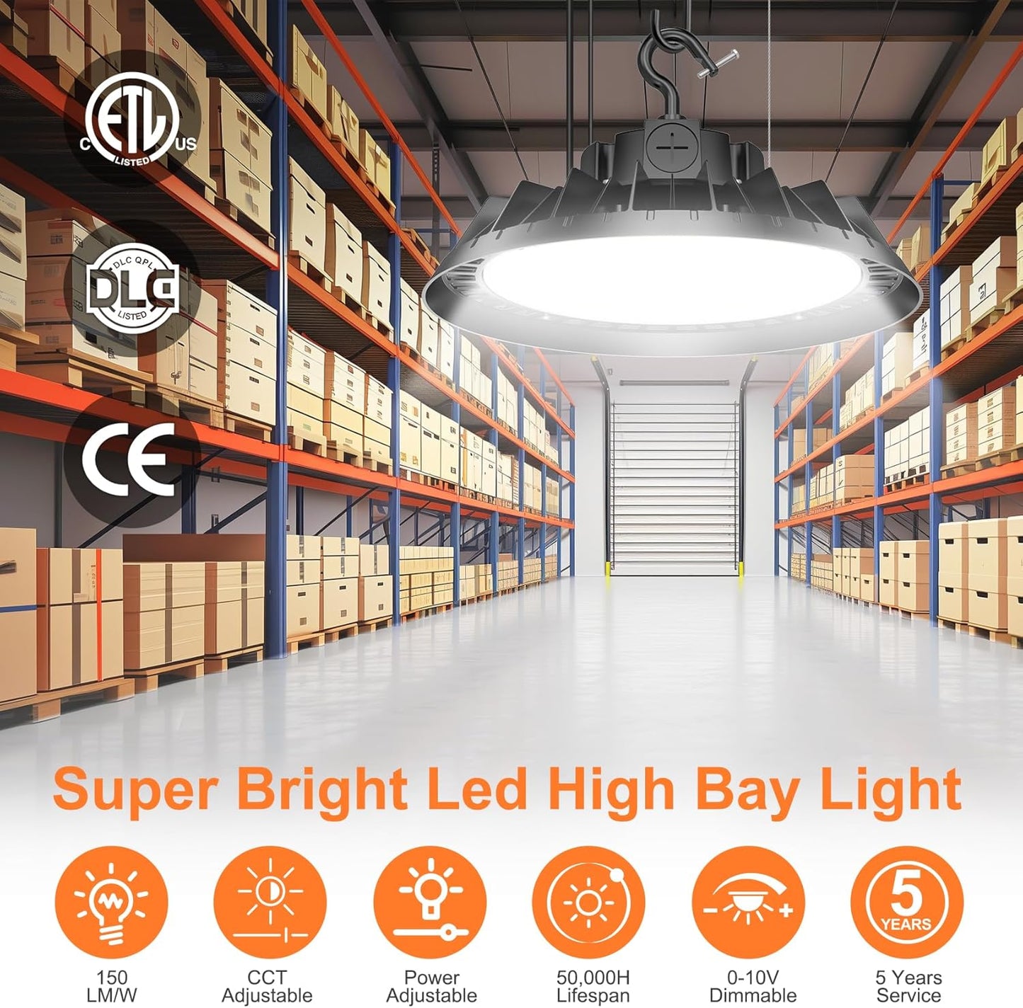 9Pack LED High Bay Lights, 300W UFO High Bay LED Shop Lights, 45000LM Adjustable CCT(5700K 5000K 4500K) & Power(300W 240W 200W), 0-10V Dimmable, 5' Cable Plug, IP65 Waterproof, ETL & DLC Listed