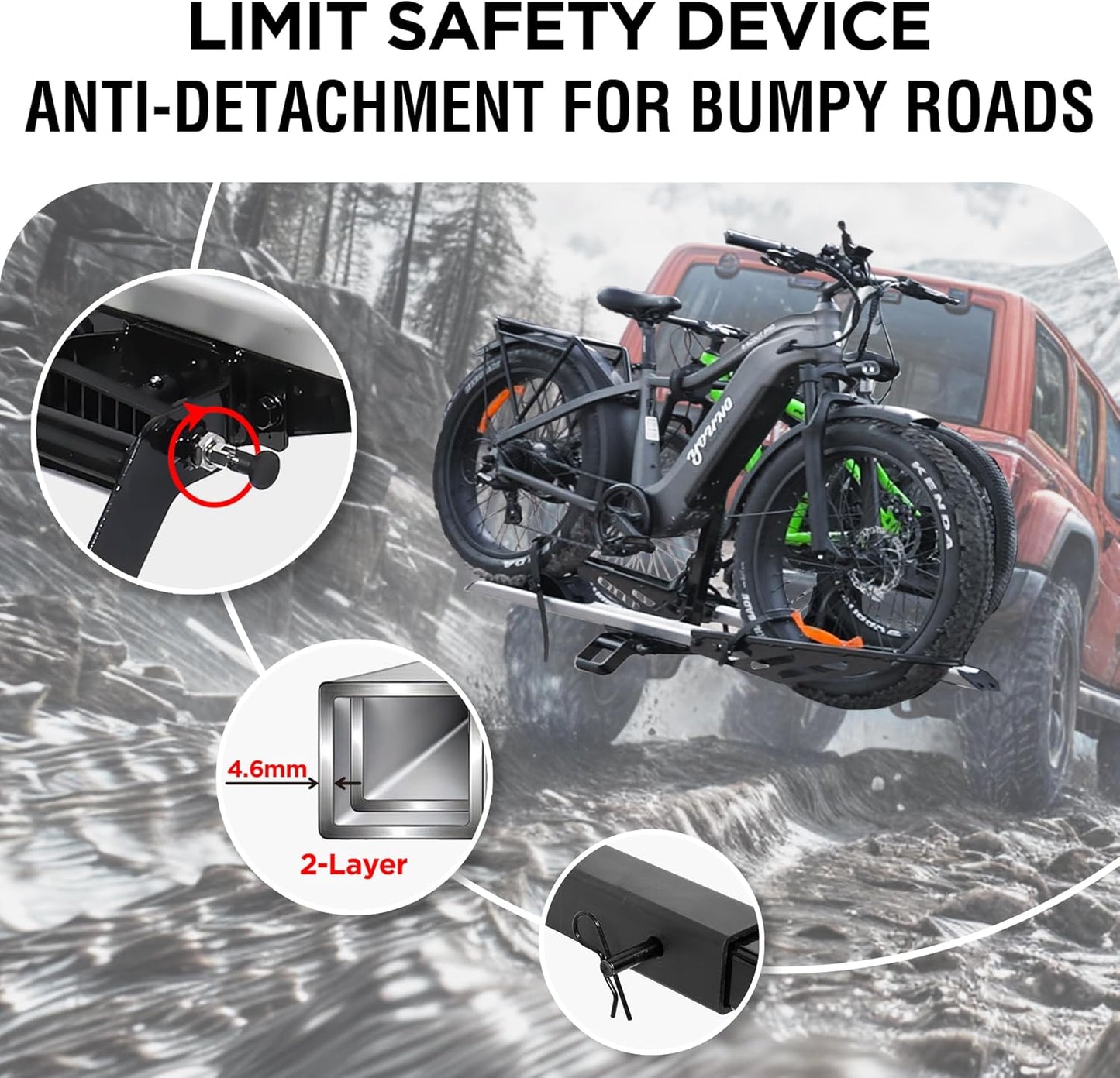 Rockland Foldable 2-Ebike Rack, 200 lbs Capacity, Hitch Mount Electric Bike Rack, Fits up to 5" Fat Tire Width and 50" Wheelbase, Ebike Carrier Rack for 2" Receiver for Cars SUVs Vans RVs