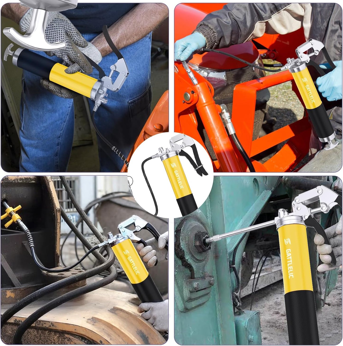 8000 PSI Heavy Duty Grease Gun Kit - 14oz with Flex Hose, Sharp Nozzle, Extension Pipe & Coupler, Yellow