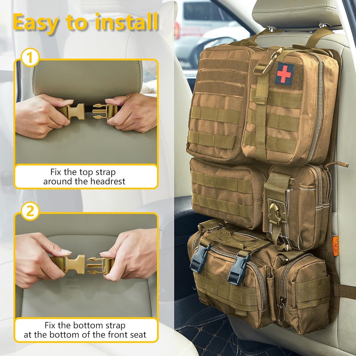 Universal Tactical Seat Back Organizer Vehicle Molle Panel Organizer Storage Bag with 5 Detachable Molle Pouch for All Vehicel Such as Jeep,Truck,SUV, Car, Ford,Chevy etc