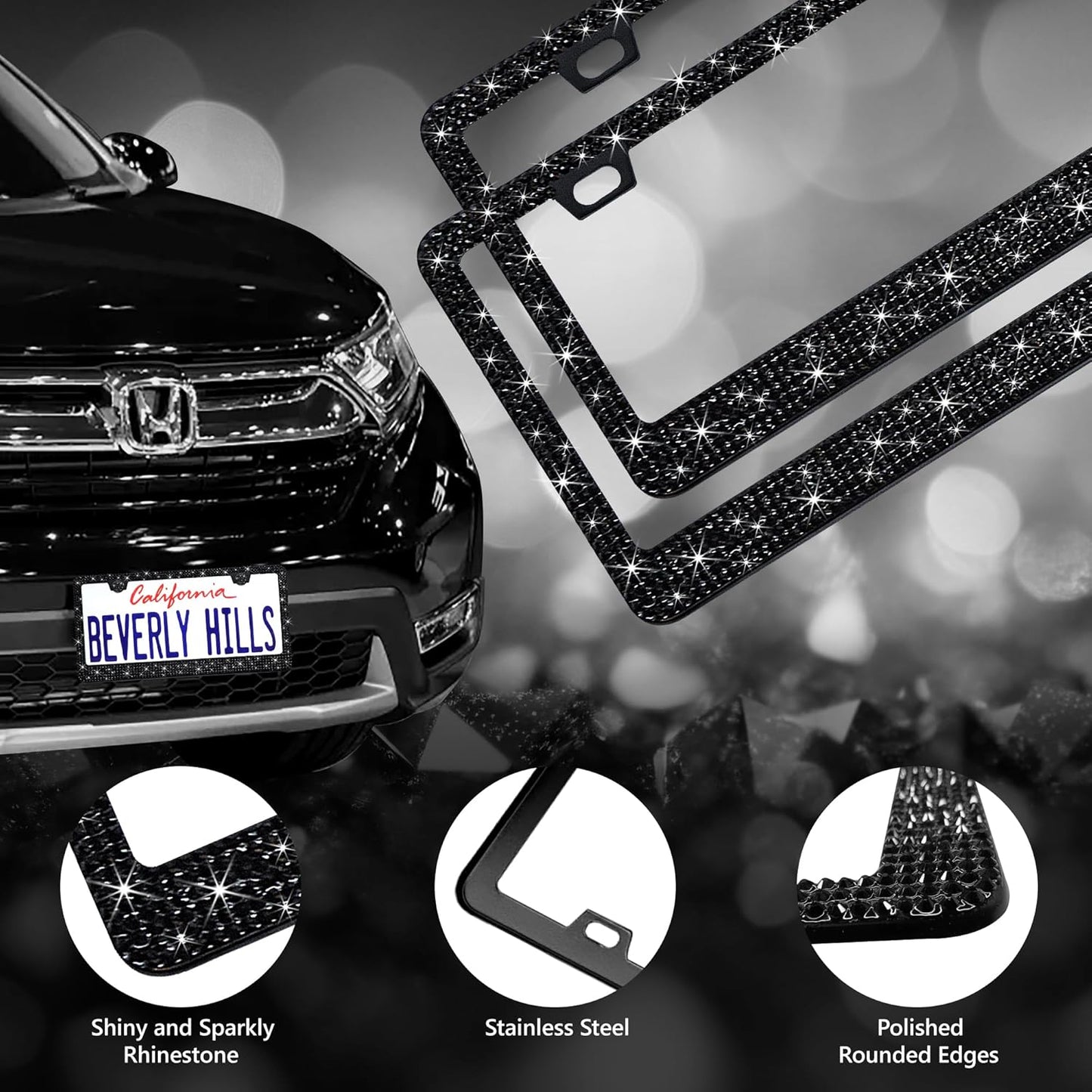 2 Pack Black Bling License Plate Frames for Women - Stainless Steel with Diamond Sparkly Rhinestone License Plate Holders - Perfect Birthday for Auto Lovers