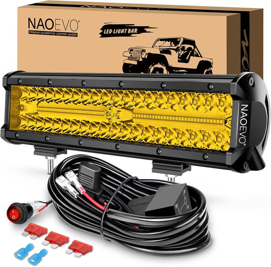 NAOEVO 12 Inch LED Light Bar, 300W 30000LM LED Offroad/Driving/Fog Lights with Wiring Harness Kit, Spot Flood Work Lights for Truck UTV ATV Golf Cart Boat, 1 Pc (Yellow)
