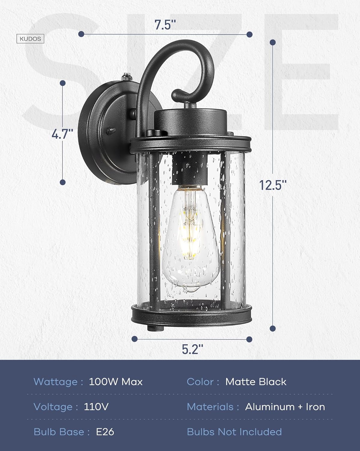 kudos Dusk to Dawn Outdoor Lighting, 12.5 inch Porch Lights Outdoor, Anti-Rust Waterproof Cylinder Wall Light for Patio, Garage, Black with Seeded Glass, KDOWL01-BK-LC