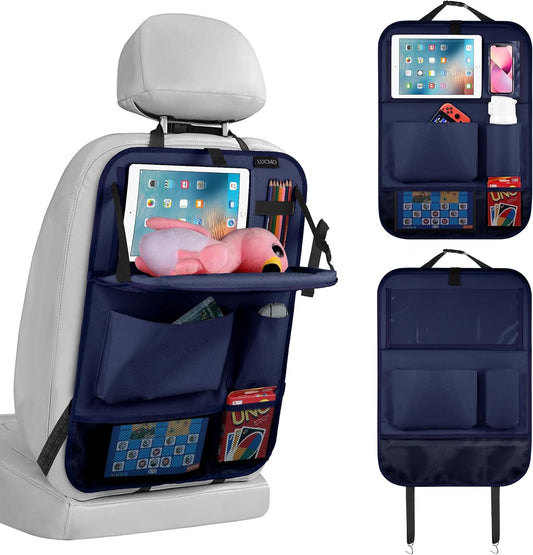 LUCMO Car Backseat Organizer with Tablet Holder,6 Storage Pockets Car Storage Organizer with Foldable Food Tray,Seat Protectors Kick Mats Travel Accessories-Dark Blue