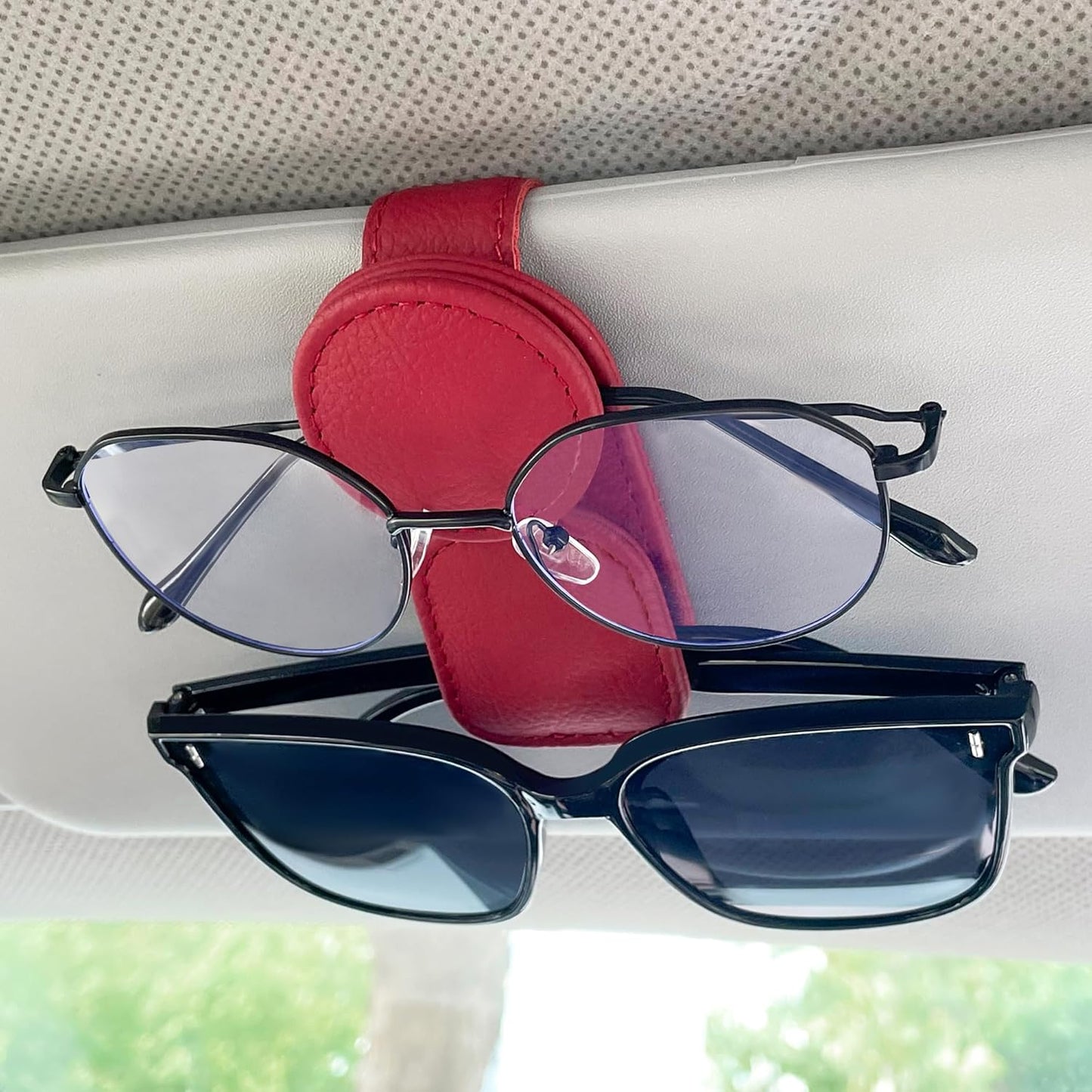KIWEN Sunglasses Holder for Car Visor, Magnetic Leather Sunglass Eyeglass Hanger Clip for Car Sun Visor Accessories (1, Red)