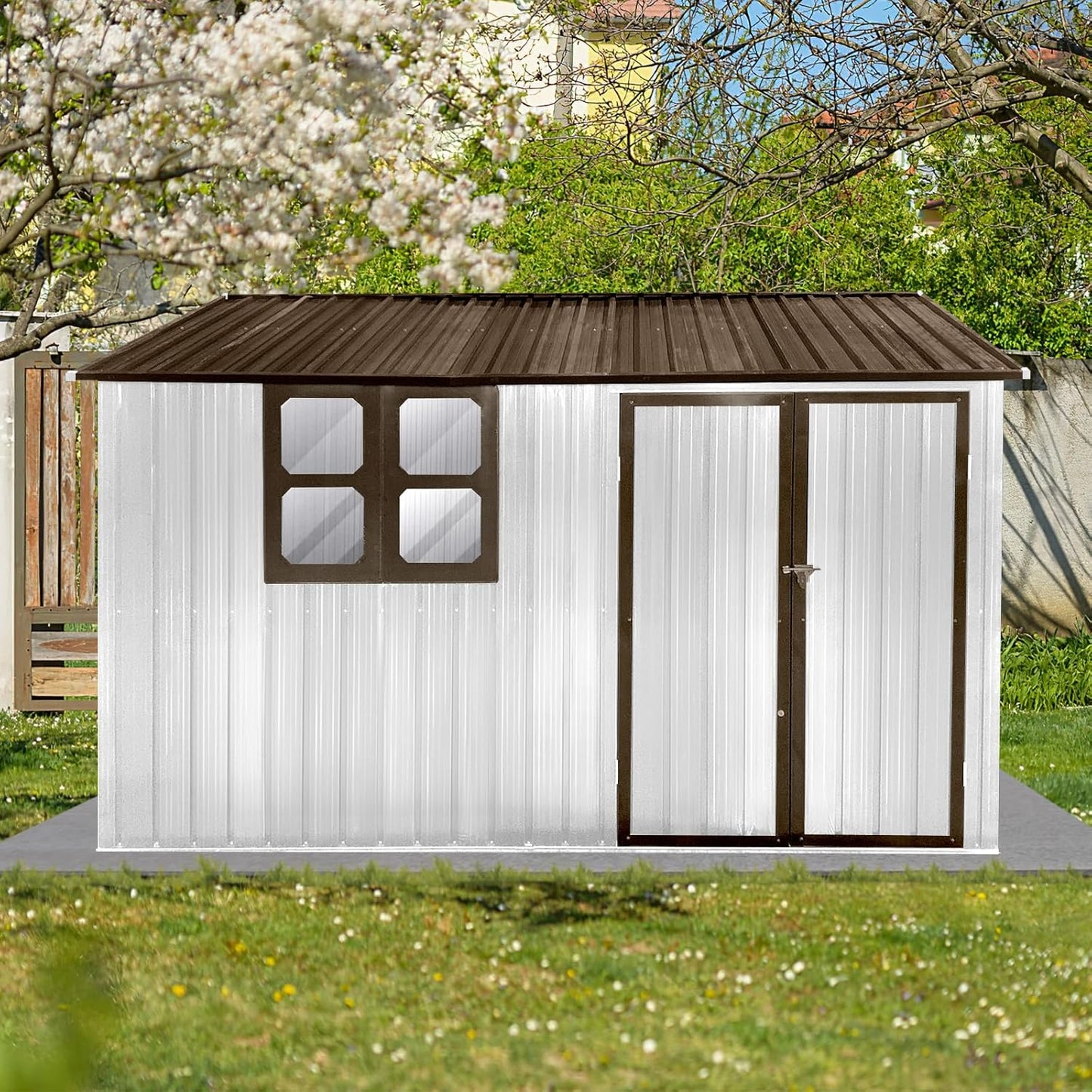 8x10 FT Outdoor Storage Shed, Metal Garden Shed with 4-pane Window, Outside Tool Shed with Lockable Hinged Doors & 4 Air Vents, Waterproof Storage Building for Backyard, Patio, Lawn, White+Coffee