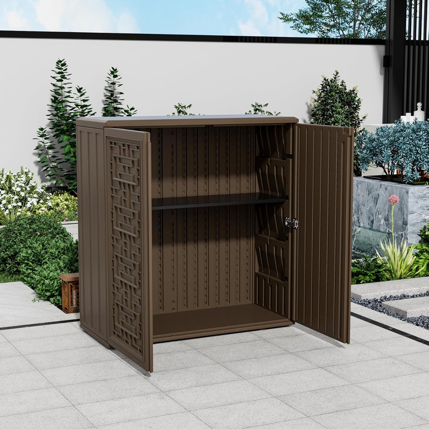 Storage Box Outdoor Caninet,Resin Indoor Storage Box Waterproof Outdoor Storage Cabinets for Patio/Garden/Backyard, Size 34.3''L*15''W*36.2''H(Brown)