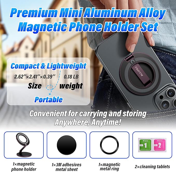 Car Phone Holder for Magsafe [3-sided 4200gf Strongest Magnetic] 300° Folding Phone Stand for Desk, Portable Phone Ring Holder Grip, Phone Holders for Your Car Accessories for iphone/Android/Tablets