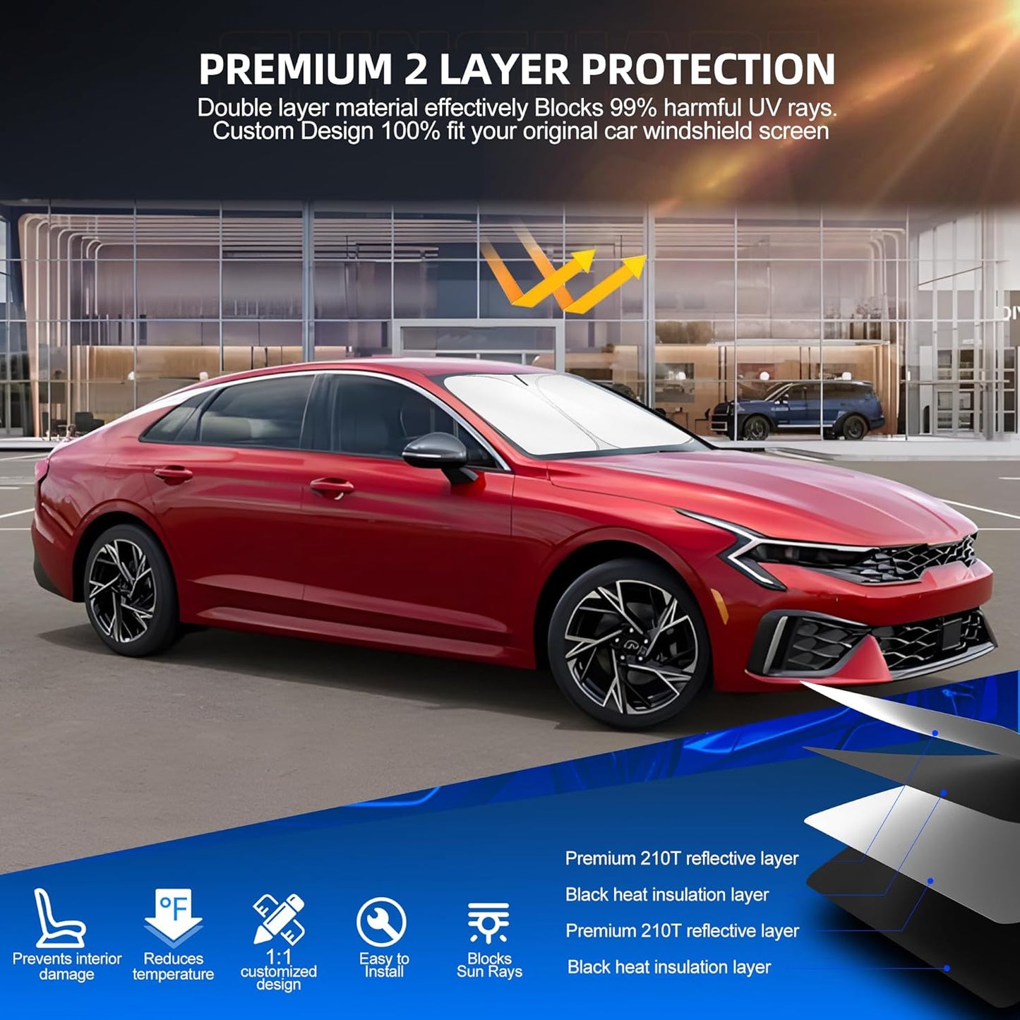 Windshield Sun Shade for Kia K5 2021-2025 Foldable Sunshade Custom Fit Front Window Car Interior Accessories Protector Blocks UV Rays