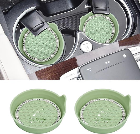 Amooca Car Cup Coaster Universal Non-Slip Cup Holders Bling Crystal Rhinestone Car Interior Accessories 2 Pack Tea Green