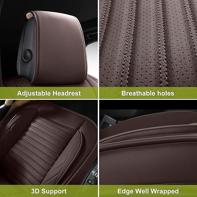 AOOG Leather Car Seat Covers, Leatherette Automotive Seat Covers for Cars SUV Pick-up Truck, Non-Slip Vehicle Car Seat Covers Universal Fit Set for Auto Interior Accessories, Front Pair, Brown