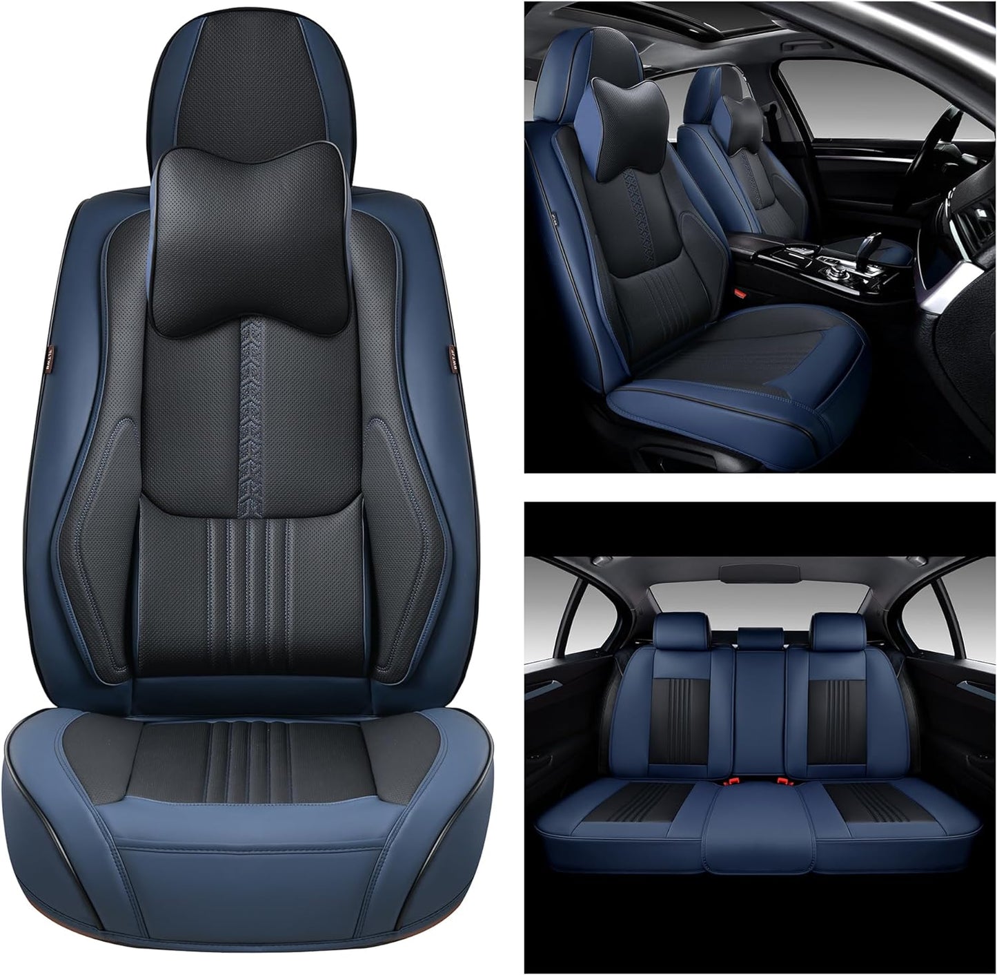 Car Seat Covers Full Set, Front and Rear Seat Covers for Cars, Waterproof Leather Auto Seat Protectors with Head Pillow, Car Seat Cushions Fit for Most Sedans SUV Pick-up Truck, Black&Navy