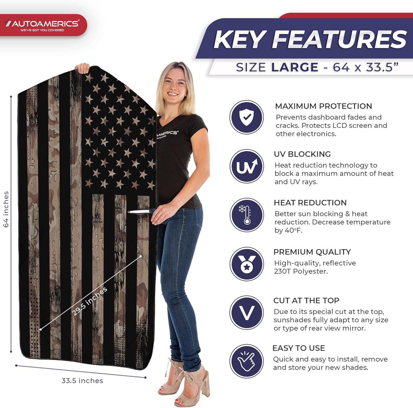 Autoamerics 1-Piece Windshield Sun Shade Brown Camo American Flag USA Design - Foldable Car Front Window Sunshade for Most Sedans SUV Truck - Blocks Max UV Rays and Keeps Your Vehicle Cool - Large