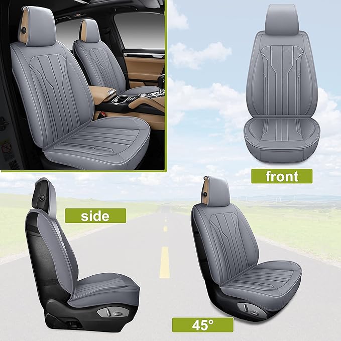 AOOG Leather Car Seat Covers, Leatherette Automotive Seat Covers for Cars SUV Pick-up Truck, Non-Slip Vehicle Car Seat Covers Universal Fit Set for Auto Interior Accessories, Full Set, Gray