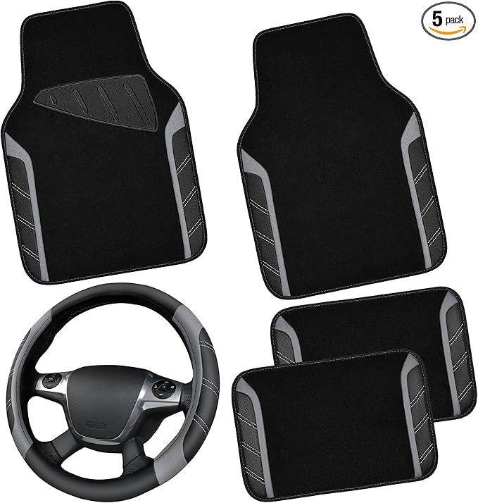 CAR PASS Leather Steering Wheel Cover and Waterproof Car Floor Mats,Microfiber Universal Car Combo Fit for 95% Sedan,SUV,Cars,14.5-15inch Sporty Anti-Slip Safety Comfortable Design(Black＆Gray)