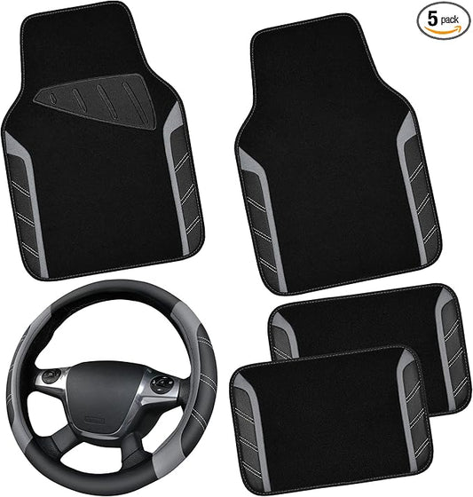 CAR PASS Leather Steering Wheel Cover and Waterproof Car Floor Mats,Microfiber Universal Car Combo Fit for 95% Sedan,SUV,Cars,14.5-15inch Sporty Anti-Slip Safety Comfortable Design(Black＆Gray)