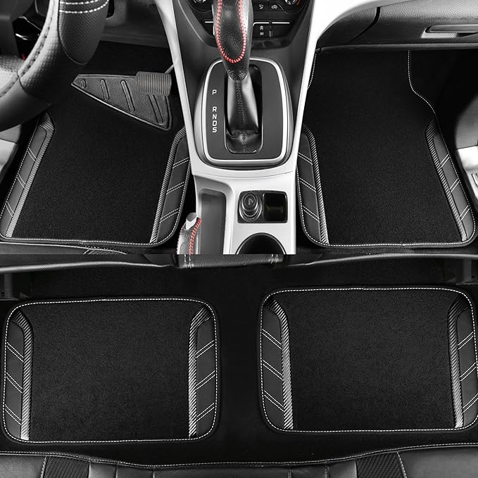 CAR PASS Leather Steering Wheel Cover and Waterproof Car Floor Mats,Microfiber Universal Car Combo Fit for 95% Sedan,SUV,Cars,14.5-15inch Sporty Anti-Slip Safety Comfortable Design(Carbon Fiber Black)