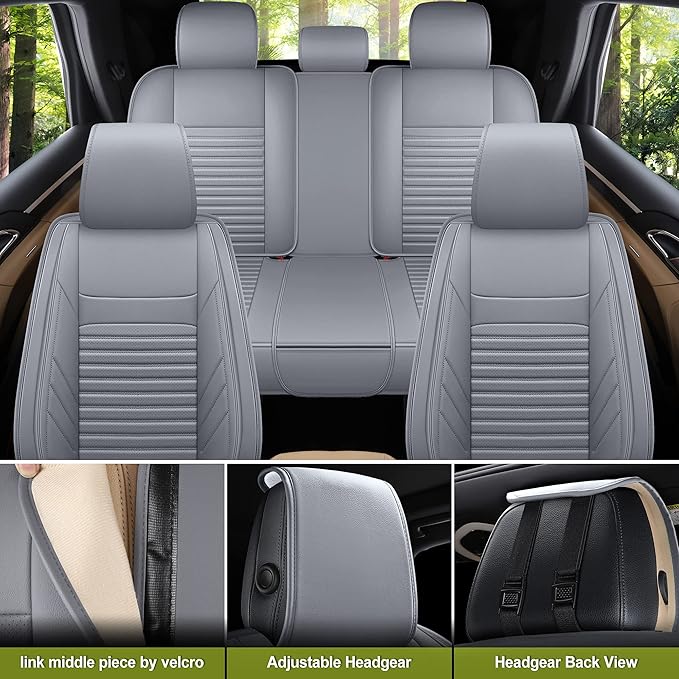 AOOG Leather Car Seat Covers, Leatherette Automotive Seat Covers for Cars SUV Pick-up Truck, Non-Slip Vehicle Car Seat Covers Universal Fit Set for Auto Interior Accessories, Full Set, Gray