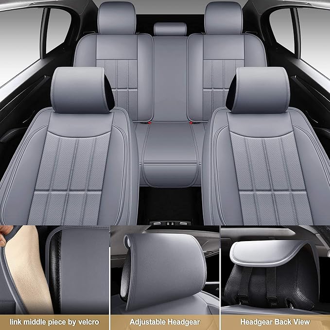 AOOG Leather Car Seat Covers, Leatherette Automotive Vehicle Cover for Cars SUV Pick-up Truck, Universal Non-Slip Vehicle Cover Waterproof Interior Accessories, Full Set, Gray