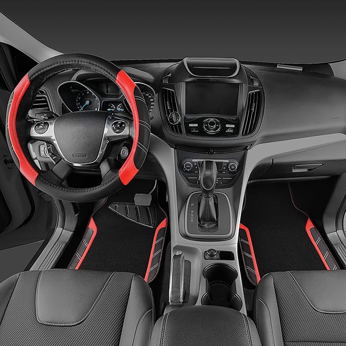 CAR PASS Leather Steering Wheel Cover and Waterproof Car Floor Mats,Microfiber Universal Car Combo Fit for 95% Sedan,SUV,Cars,14.5-15inch Sporty Anti-Slip Safety Comfortable Design(Black＆Red)