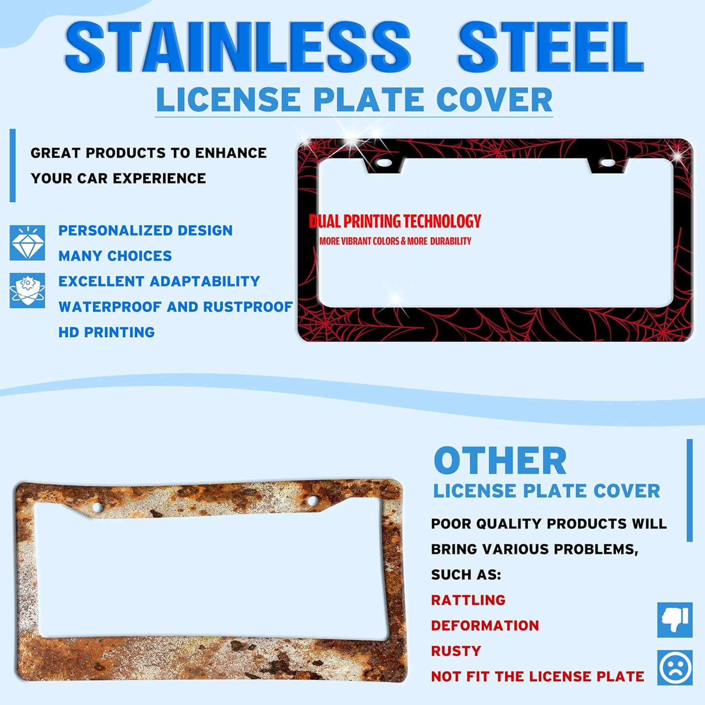 Red Spider Web License Plate Frame Funny Cobweb Stainless Steel License Plate Holder for Front or Rear Car Tags for Car Decoration Accessories with Screws 6.3 X 12.2 in for Women Men