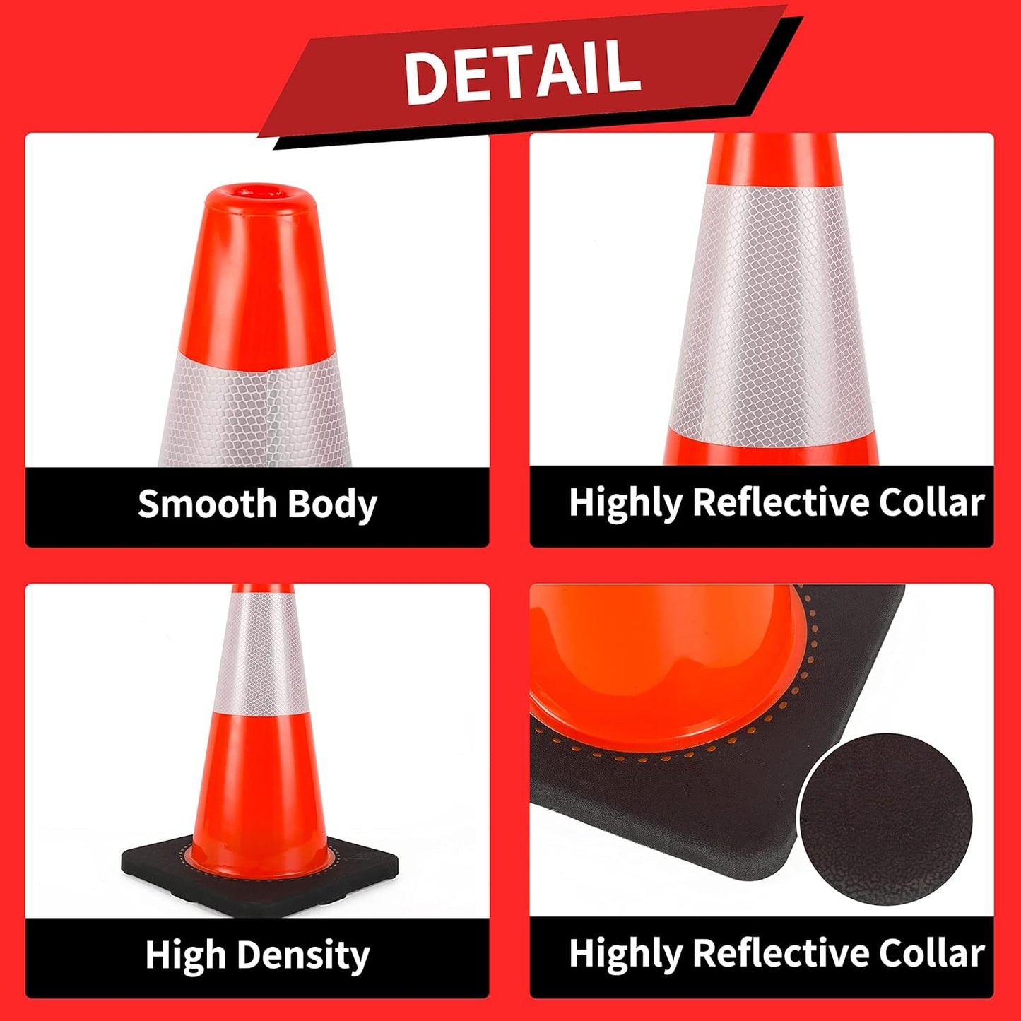 Traffic Cones 18 inch 6 Pack Heavy Duty Safety Cones Orange with Reflective Collars Fit Parking Lot,Driveway Road Traffic Control Construction Sport Cones