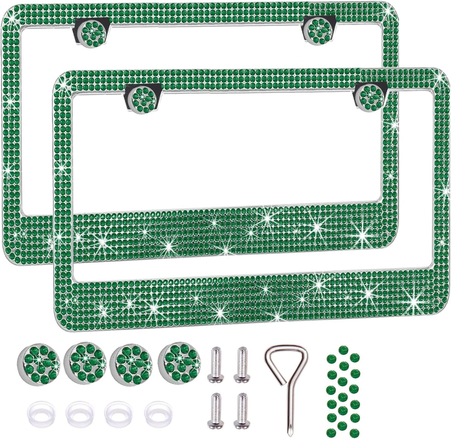 2 Pack License Plate Frames for Women, Sparkly Rhinestone Diamond Car Accessories with Glitter Crystal Caps (Green(2PCS))