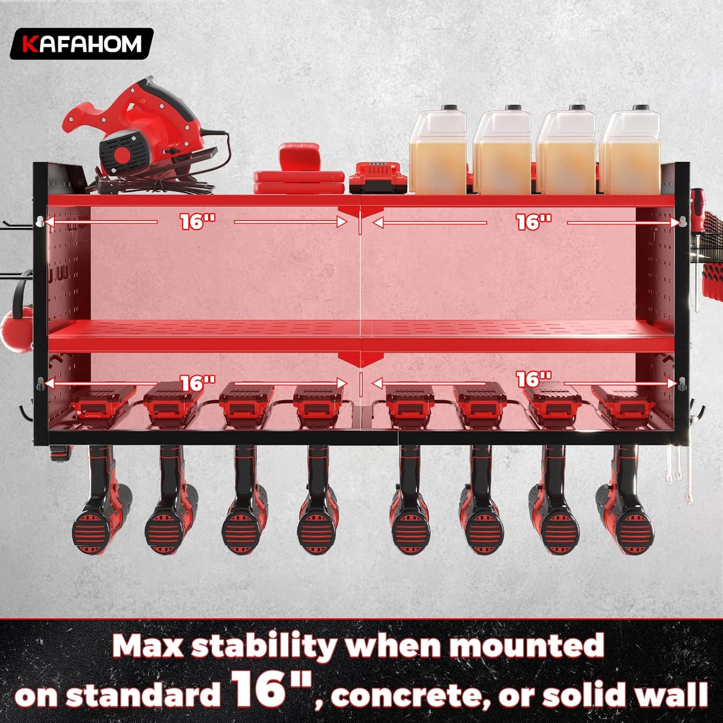 KAFAHOM Power Tool Organizer, Large 8 Drill Holder Wall Mount with 2 Side Pegboards, Heavy Duty Metal Tool Shelf with 12 Hooks, Storage Rack for Garage Organization, Utility Battery Shelves - Red