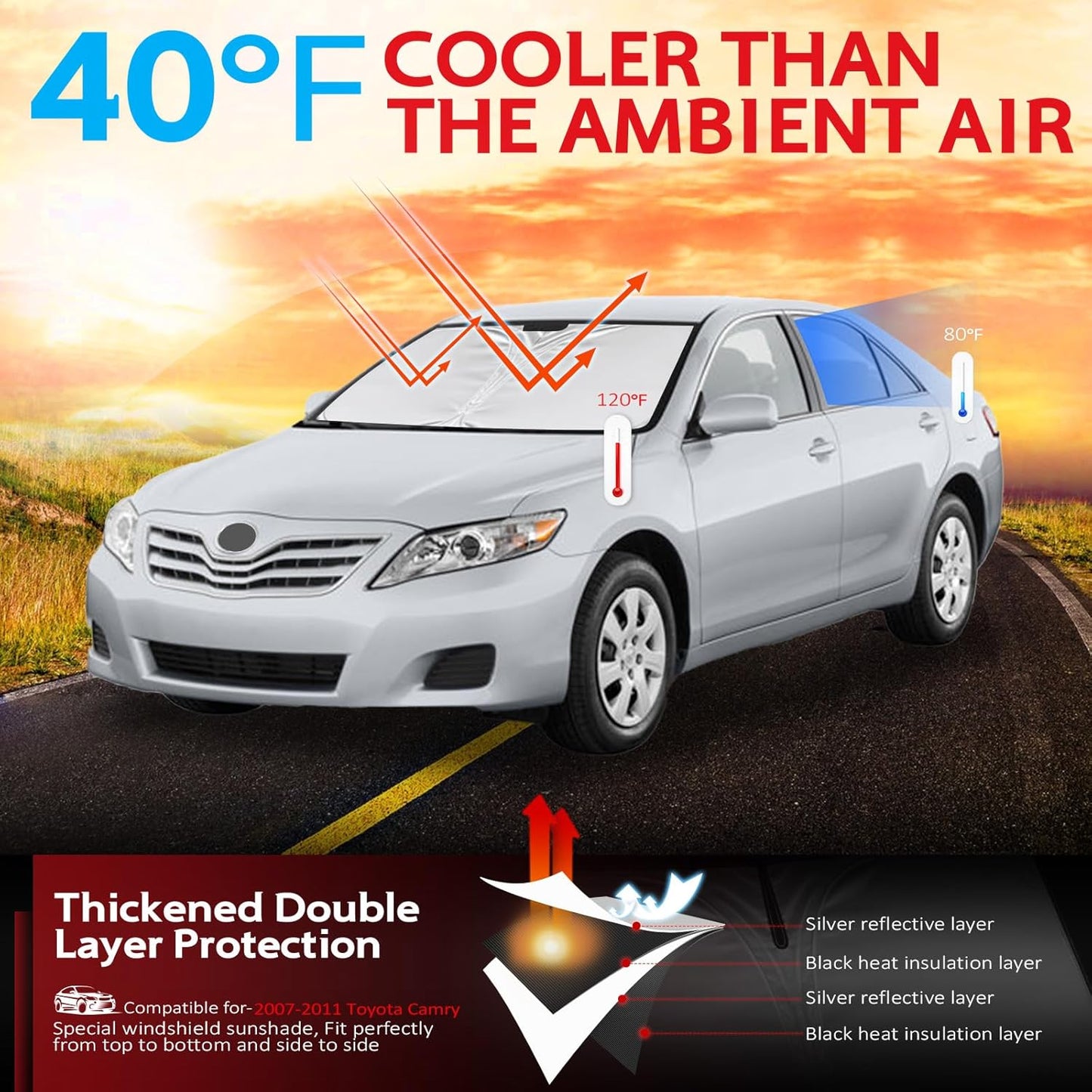 KAYZT Windshield Sun Shade for 2007-2011 Toyota Camry Foldable Sunshade Front Window Custom Fit Car Accessories