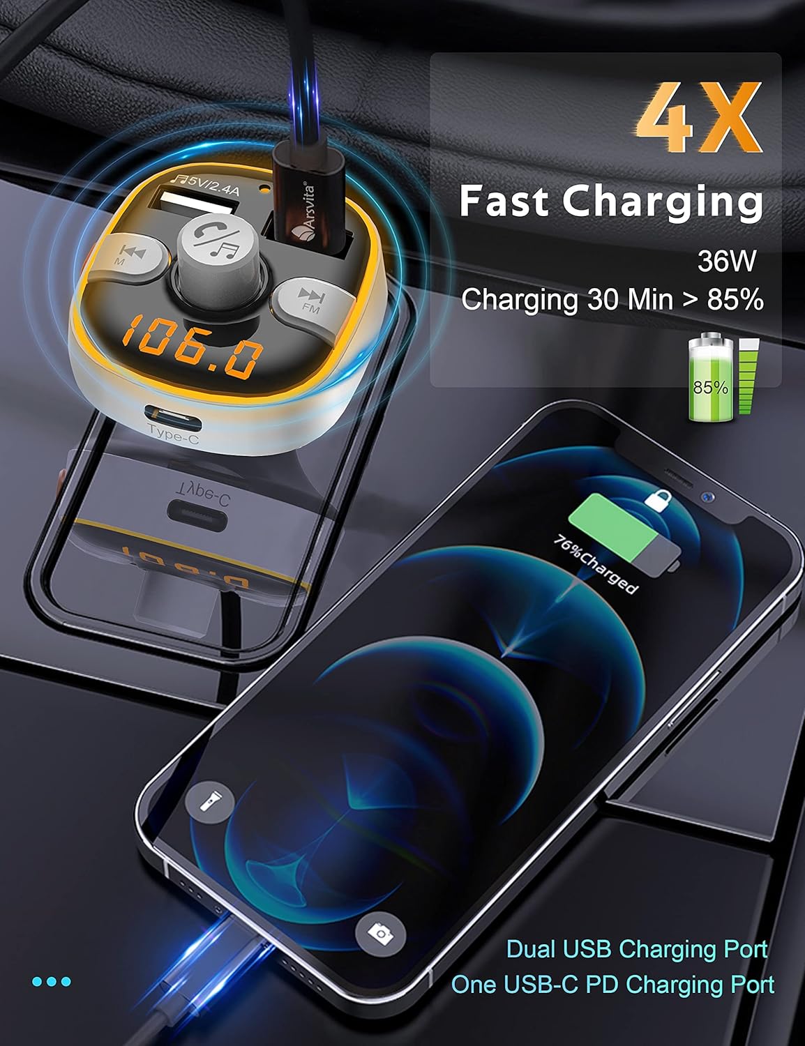 Arsvita Bluetooth FM Transmitter for Car, Radio Receiver/Audio Adapter with Type-C PD Charger, Support QC3.0 Quick Charging, Hands-Free Calling and Hi-Fi Sound Playback, Silver