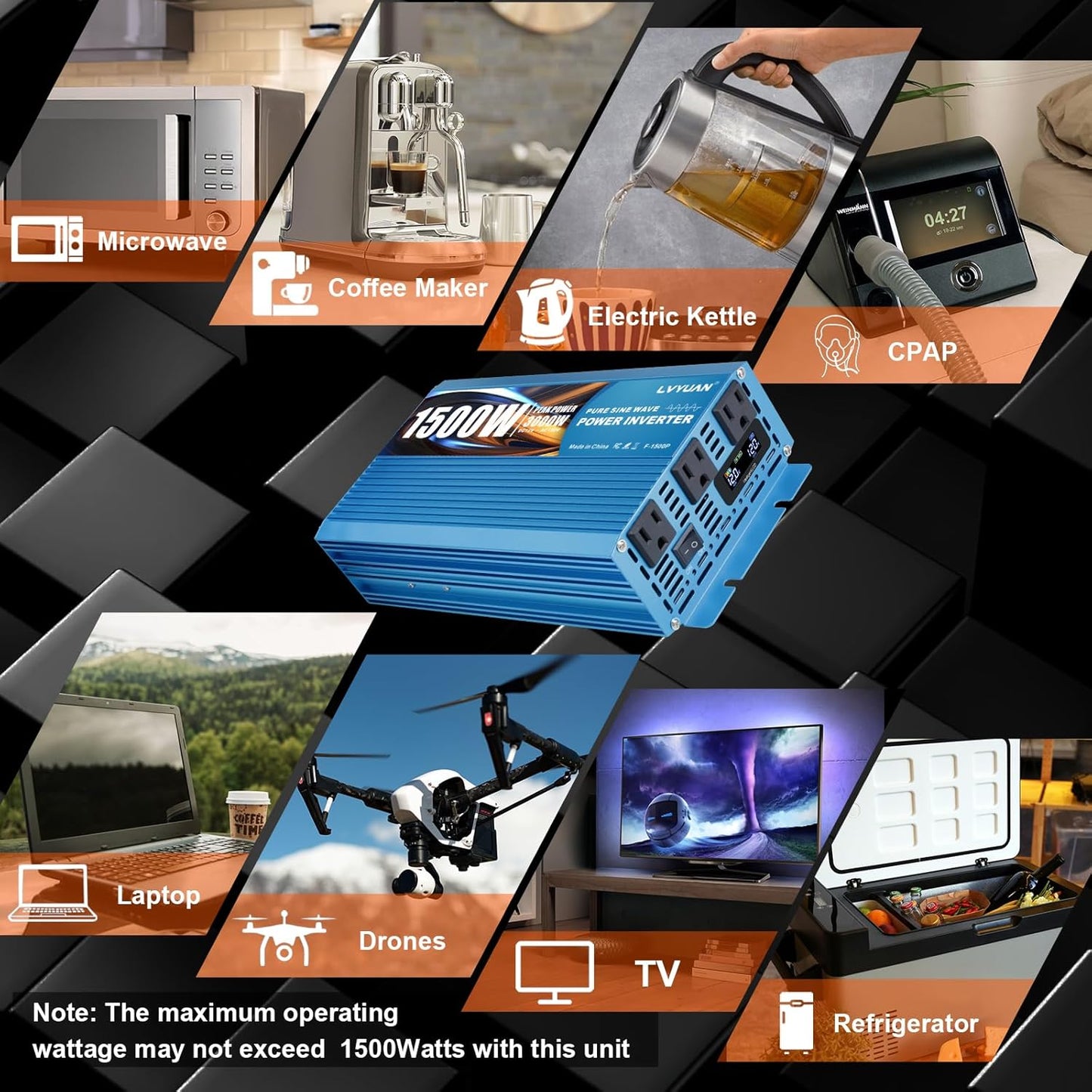 LVYUAN 1500 Watt Pure Sine Wave Inverter 12V to 110V 120V DC to AC with LCD Display, 3 U.S. Outlet, USB Charger Ports, Car Power Inverter for Vehicles, RV, Outdoor, Home