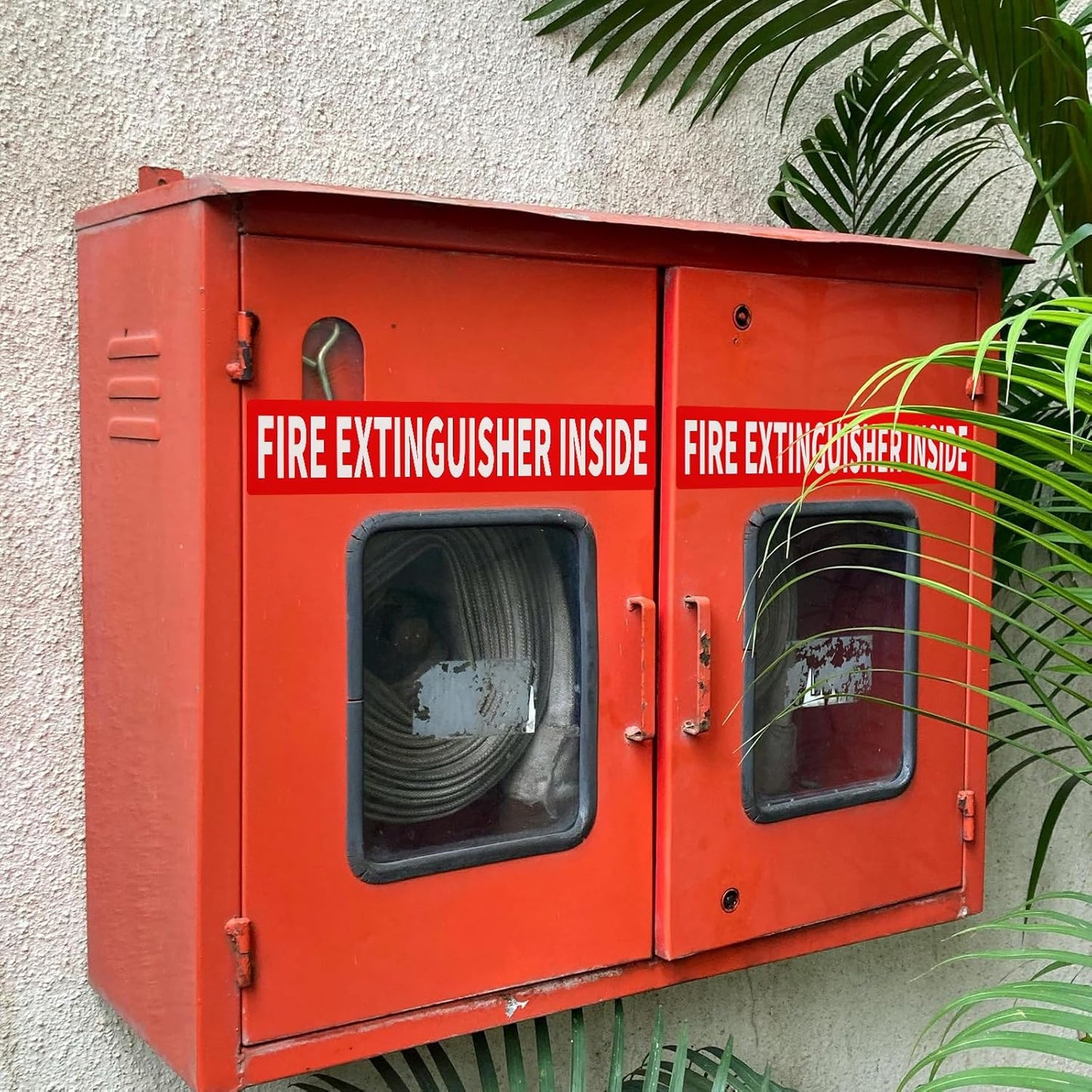 Madrigal Fire Extinguisher Inside Sticker Sign,4Pack 12x2.5" Self-Adhesive Vinyl, Weatherproof & UV Protected for Cars, Trailers, Rv's, Trucks and Vehicles, Red on White