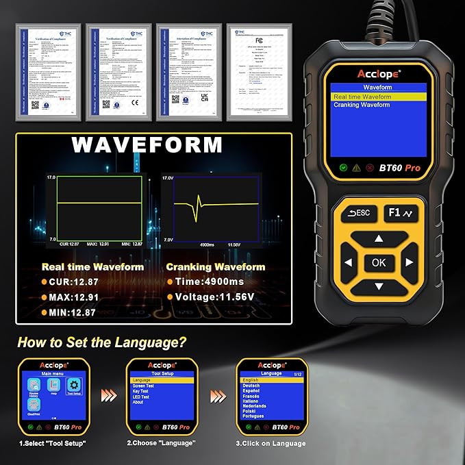 BT60 Pro Car Battery Tester, Digital Analyzer with Cloud Printing, 100-3000 CCA Range for 6V/12V/24V AGM, Lithium, Gel Batteries, Automotive Charging System