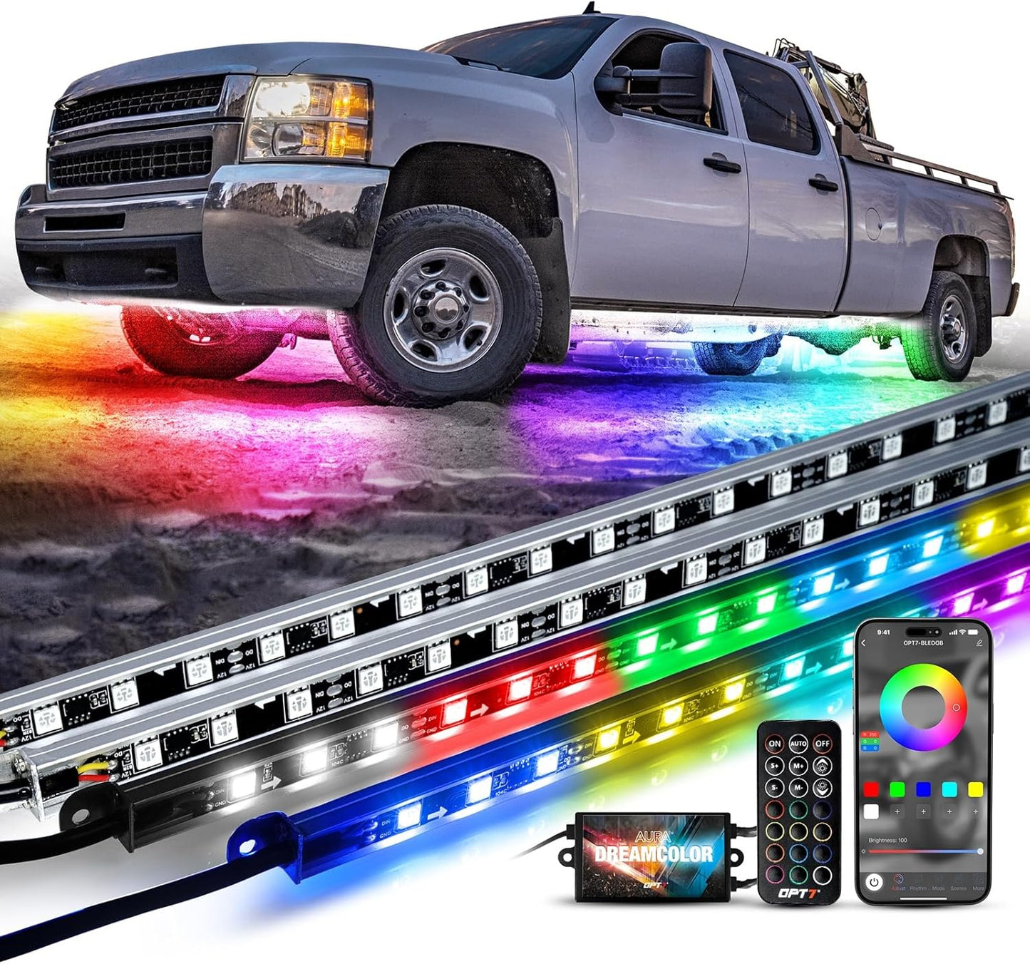 OPT7 Aura DreamColor Underglow Chasing Lights for Truck w/APP & Remote Control, Waterproof Rigid Aluminum LED Light Bar, Exterior Neon Accent Underbody RGBIC Lighting Kit, Multicolor Music Mode, 12V