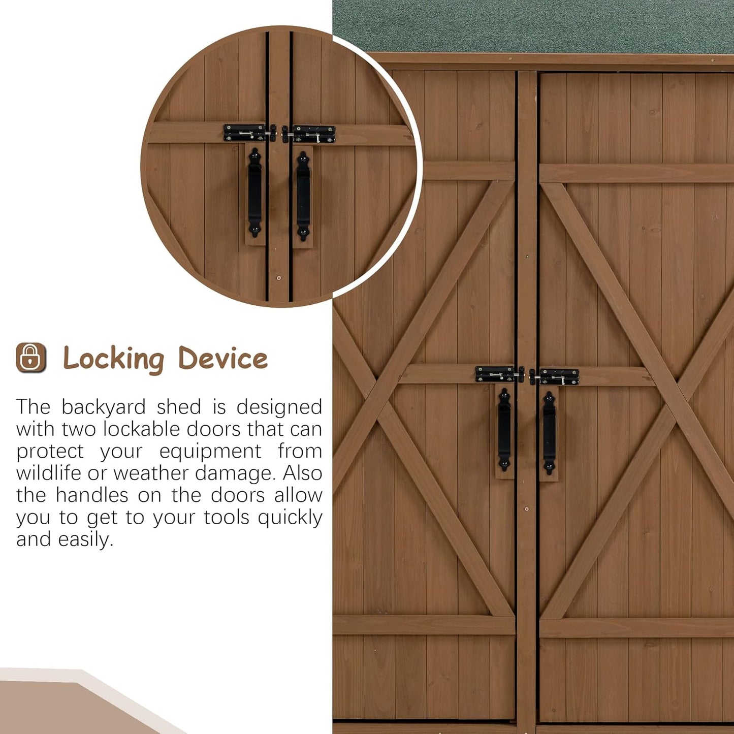 56" L x 19.5" W x 64" H Tall Outdoor Wooden Storage Shed with Lockable Doors, Waterproof Asphalt Roof, Removable Shelves for Garden Tools,Yellow Brown