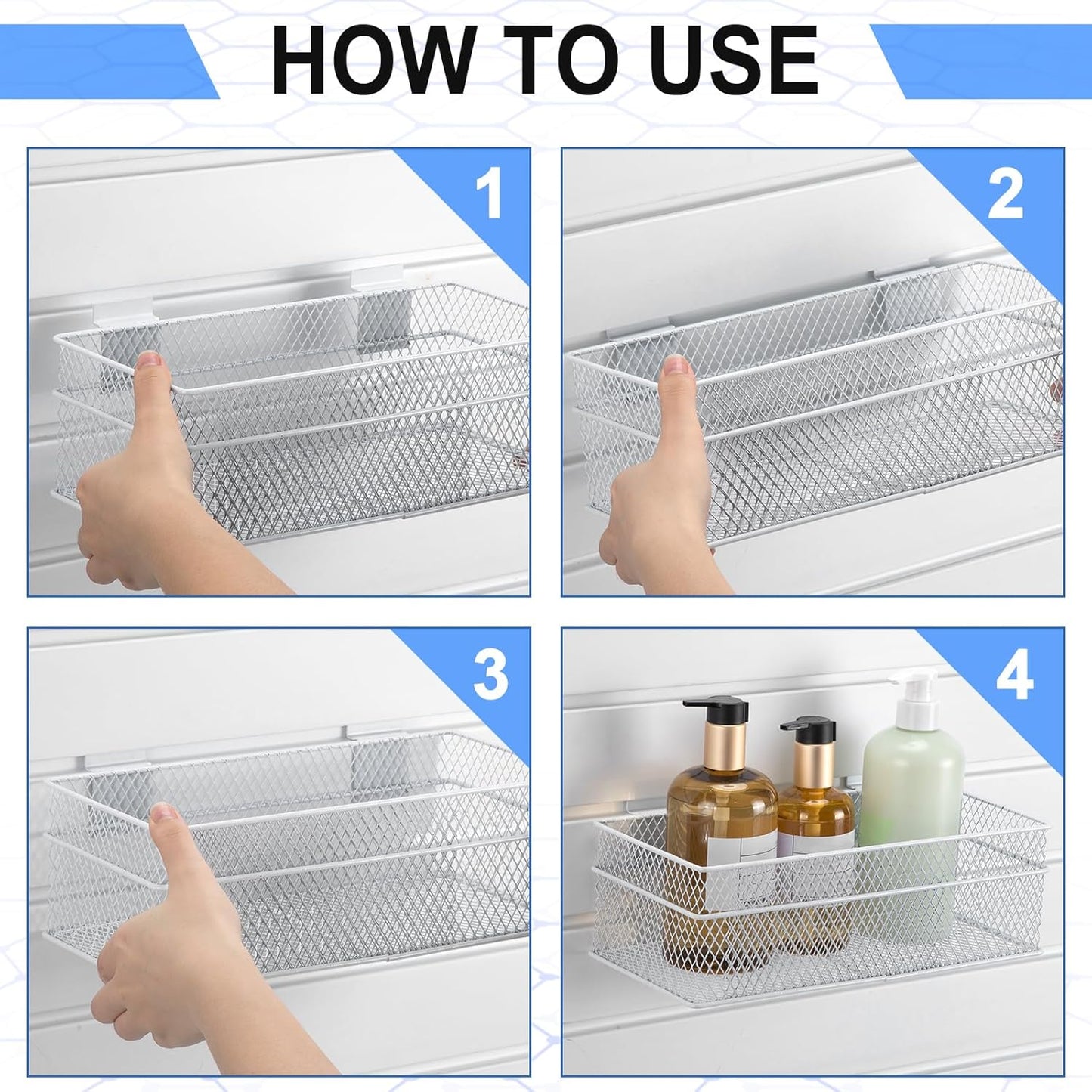 Barydat 4 Pcs Slatwall Basket Set Ventilated Metal Slatwall Basket Hanging Wire Bins Wall Mounted Accessories for Panel Garage Storage Display Organizing(Multi Size,White)