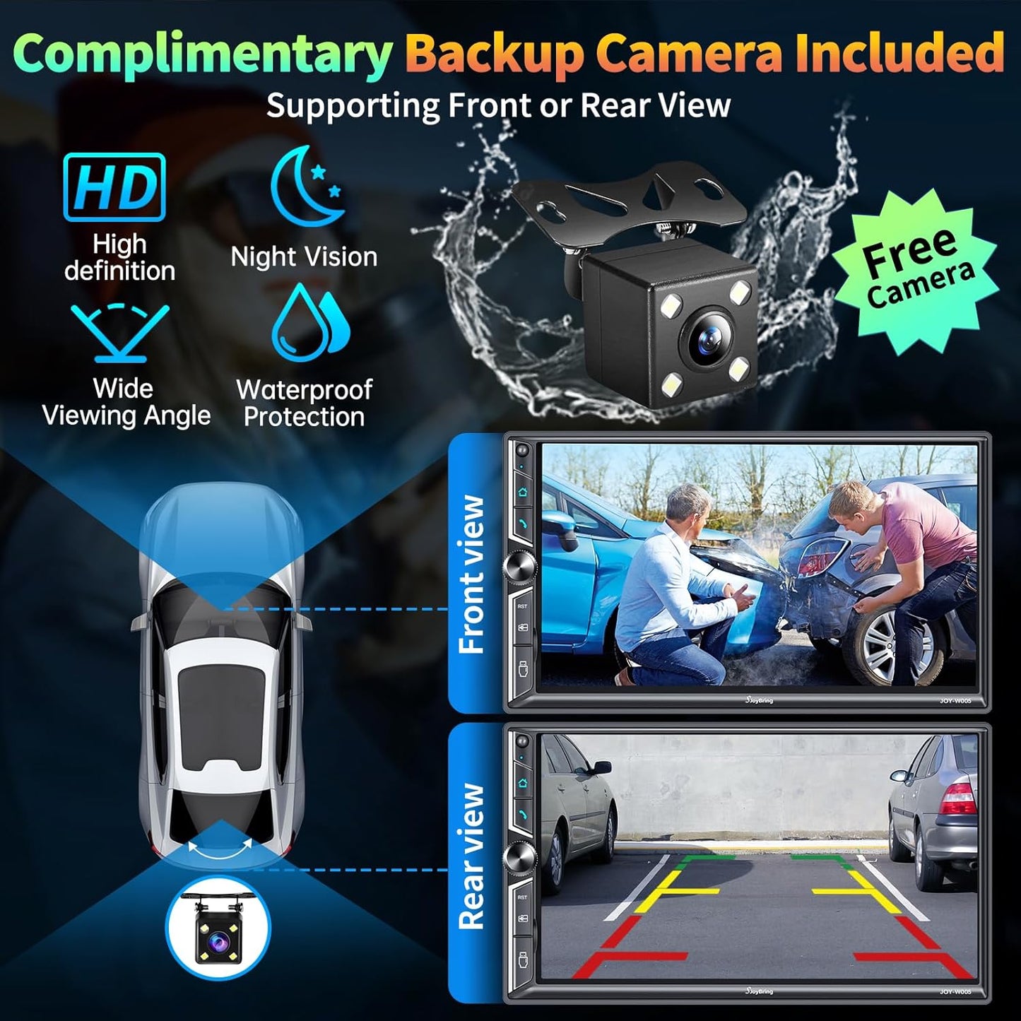 Double Din Car Stereo with Wireless Apple CarPlay and Android Auto, Bluetooth 5.3 Car Play, Mirrorlink, 7" HD Touchscreen, Backup Camera, 240W 4.2 CHN 2 Subwoofers Outputs, AM/FM Car Radio