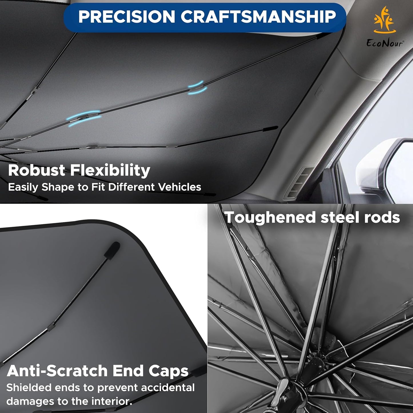 EcoNour Adjustable Car Windshield Umbrella Sun Shade | Foldable UV Protection Shade with 240T Polyester | Fits Various Windshield Angles