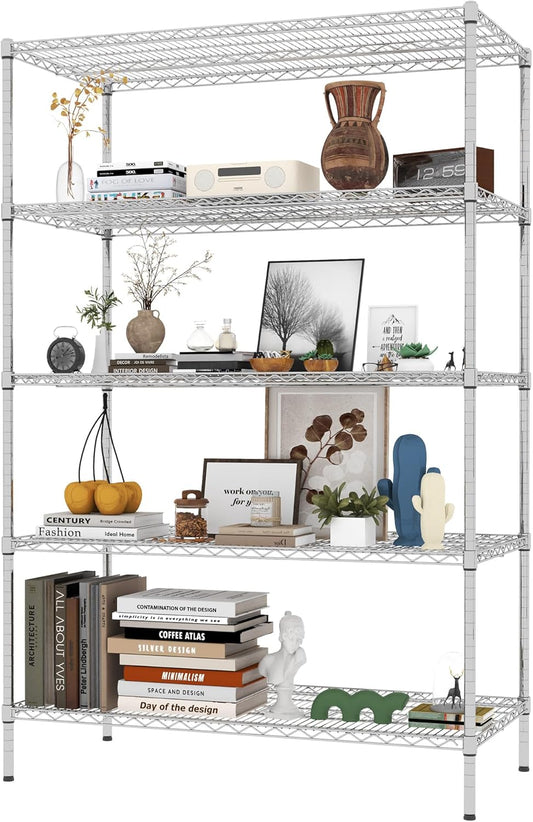 5-Tier Metal Storage Shelving Unit, Adjustable Storage Rack Display Shelves, Industrial Steel Wire Shelf on Wheels, Commercial and Home Use, 48”W x 24”D x 72”H, 1500 LBS Capacity