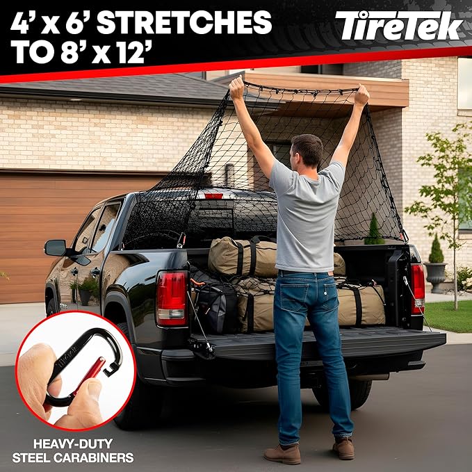 Cargo Net for Pickup Truck Bed (4'x6' Stretches to 8'x12') Double Thick Heavy Duty Pickup Truck Bed Organizer Accessories - 12 Metal Carabiners, Bungee Mesh Accessory with Strap Hooks