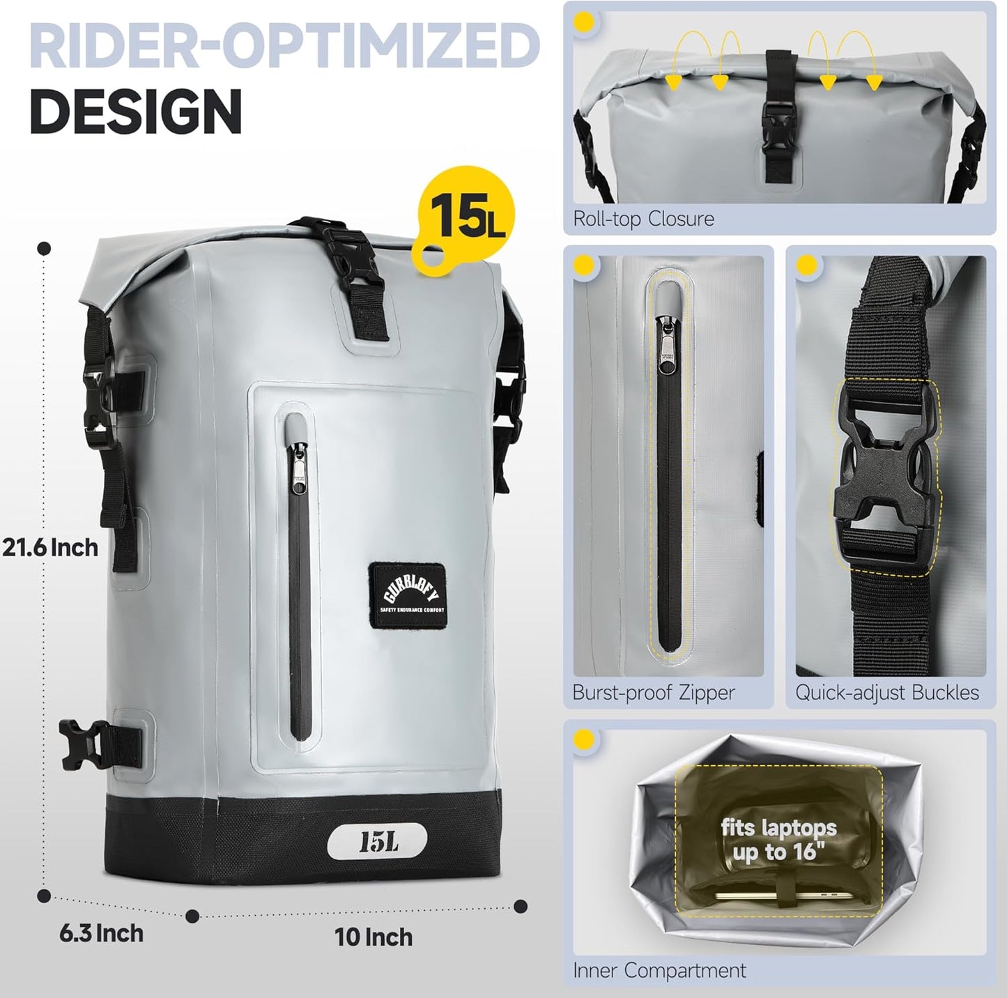 Motorcycle Tail Bag, 15L Waterproof Motorcycle Saddle Bag, 2 Size and 3 Color Options Luggage Bag, PVC Travel Bag, Rear Seat Bag, Stone Grey GT-15GRY